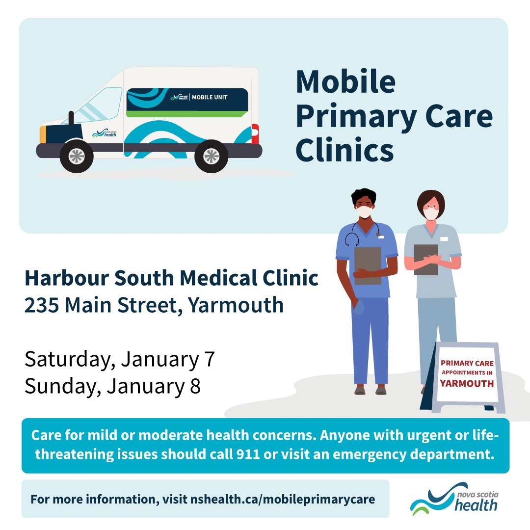HealthNS's tweet photo. Nova Scotia Health’s mobile primary care clinic is in Yarmouth at Harbour South Medical Clinic, 235 Main St., on Saturday, Jan. 7 and Sunday, Jan. 8 from 9 a.m. - 4:30 p.m. each day.

Learn more: https://t.co/u53naVPvrs https://t.co/epYhvrHbLl