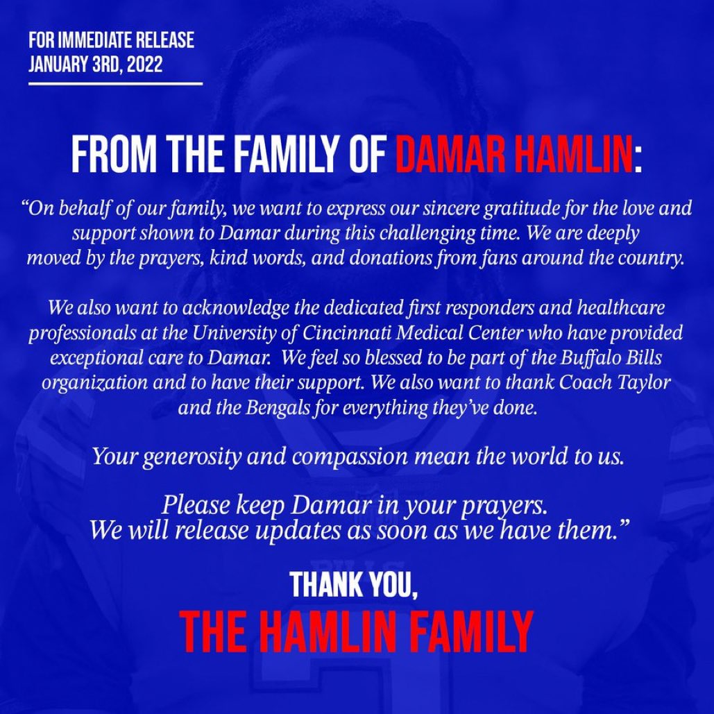 ArmandoSalguero's tweet photo. Statement from Damar Hamlin family pressed through marketing agent. https://t.co/F7eozw4gkO