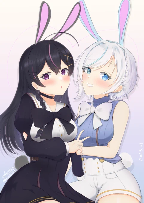 新年初描き兎年なのでカクレちゃんとハロちゃんに兎耳付けてもらいました(最初色合いだけで選んだけどしっくり来た2人)#描くれんぼ #ハロハロート #ハローネイル 