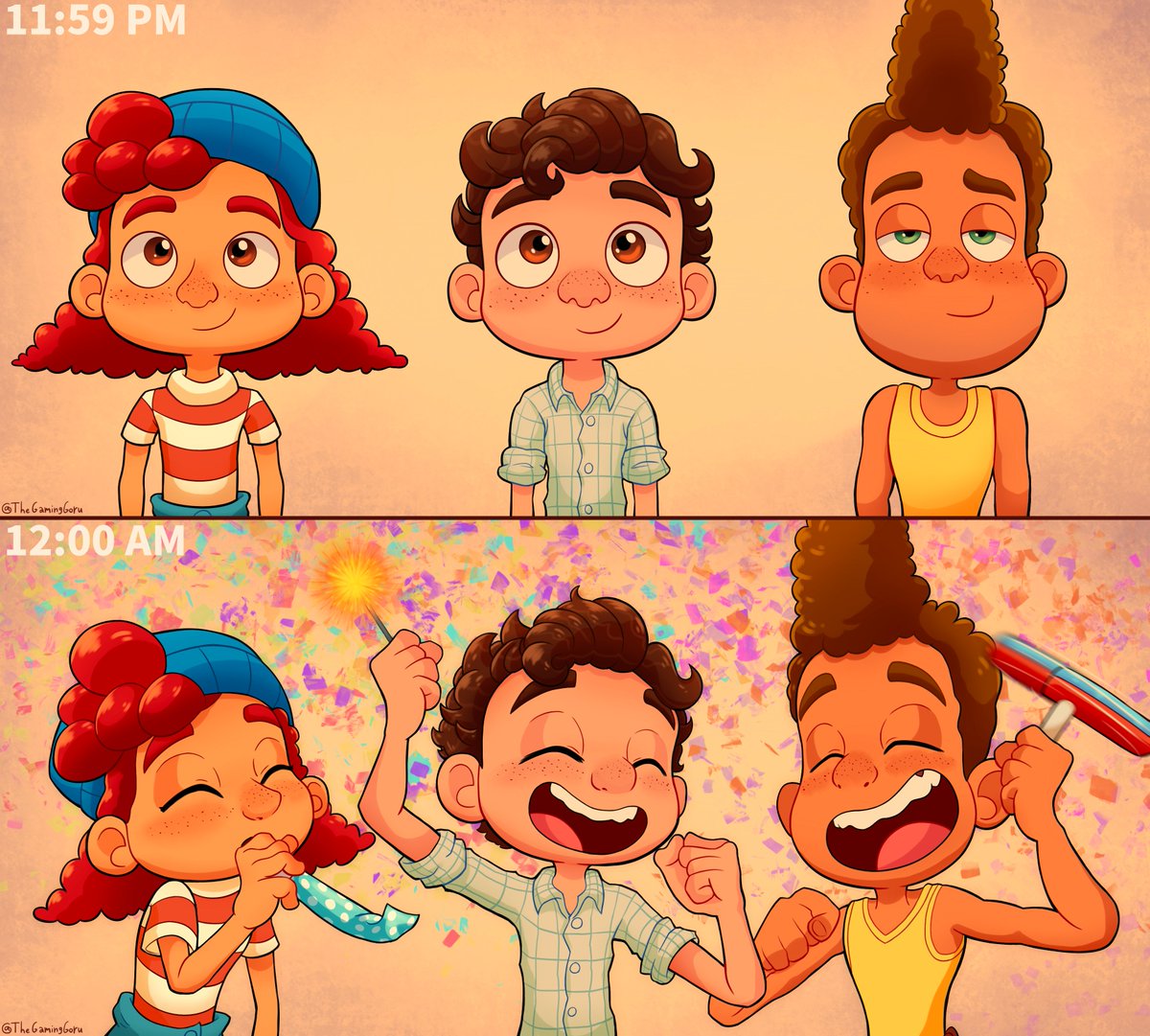 ✨ 11:59 PM vs 12:00 AM ✨

Happy New Year, everyone! 🥳 🎉 🎊

// #Luca #PixarLuca #PixarAlberto #LucaFanart #LucaMovie #SilenzioBruno #Disney #Pixar #Fanart