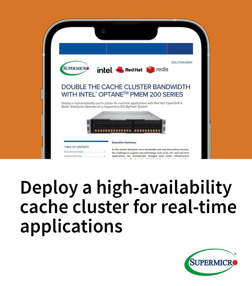 Supermicro's tweet photo. Check out our #SupermicroSuperSolution: Supermicro offers a performance-optimized hybrid cloud building block to scale-out Redis Enterprise with Red Hat® OpenShift, running on a Supermicro #BigTwin. Check out our full #solutionbrief: https://t.co/ZD4fCgQbOv
#Supermicro https://t.co/fE9R7M6Dfg
