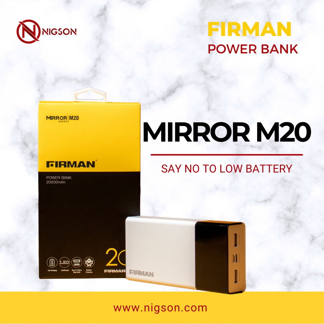 NigsonGroup's tweet photo. M20 has a premium polymer battery and a 5.0V 2.1A dual USB output that enables it to support high speed charging for 2 devices simultaneously.

It comes in two different colors; Pearl white and Space black, with capacities of 20,000 milliampere per hour (mAh). https://t.co/9MdWl5e4JO