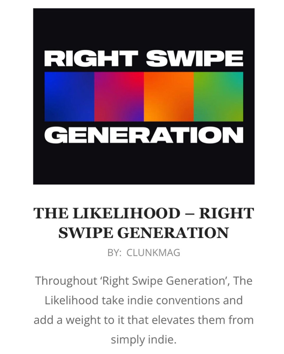 Right Swipe Generation ⭐️⭐️⭐️⭐️ Thank you to the Legend Luke for the support and amazing review! Go read the full review <a href="/clunkmag/">CLUNK Magazine</a> link in bio! 🥳🤯🎉🎈 #fourstarsoutoffive #clunkmagazine #musicreview #indiemusic #celebration