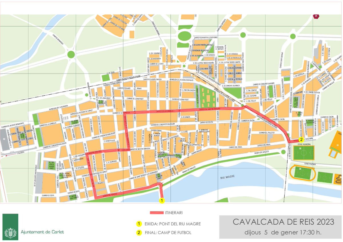 El dia 5 de gener se celebrarà la tradicional Cavalcada de Reis. El recorregut és el que marca el plànol adjunt. Els demanem que retiren els vehicles estacionats abans de les 14.00 h.