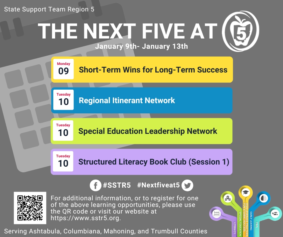 SSTRegion5's tweet photo. Welcome back 😀 to a new year Region 5 friends &amp; partners! Just a look ahead at the #Nextfiveat5. Start the year off right by joining 1⃣ our sessions or networks. You're always welcome! Next week we have something for everyone. For information - https://t.co/CB8jde47RW #SSTR5 https://t.co/xrK9bnjSMA