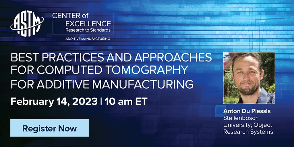 Additive Manufacturing Center of Excellence (@astmamcoe) on Twitter photo NEW WEBINAR 💻 Best Practices and Approaches for Computed Tomography for #AdditiveManufacturing with Anton Du Plessis of <a href="/StellenboschUni/">Stellenbosch University</a> and <a href="/OrsDragonfly3D/">sunny sunny</a>
February 14 at 10:00 am ET
amcoe.org/event/computed… NEW WEBINAR 💻 Best Practices and Approaches for Computed Tomography for #AdditiveManufacturing with Anton Du Plessis of <a href="/StellenboschUni/">Stellenbosch University</a> and <a href="/OrsDragonfly3D/">sunny sunny</a>
February 14 at 10:00 am ET
amcoe.org/event/computed…