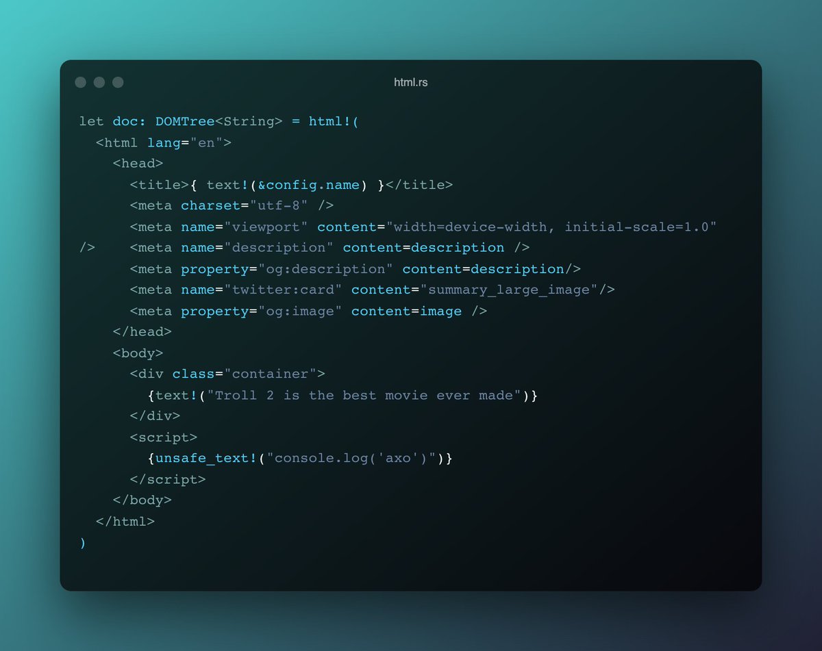 axodotdev's tweet photo. 🐦️ axohtml 0.3.0 is out 🐦️

- 🤯 twitter meta tag support
- 🤳 more robust type checking for aria elements
- 🌀 loosening restrictions on script tag usage
...and more!

👉️ check out the changelog: https://t.co/t0k4SeKkbb https://t.co/7vPq46vfea