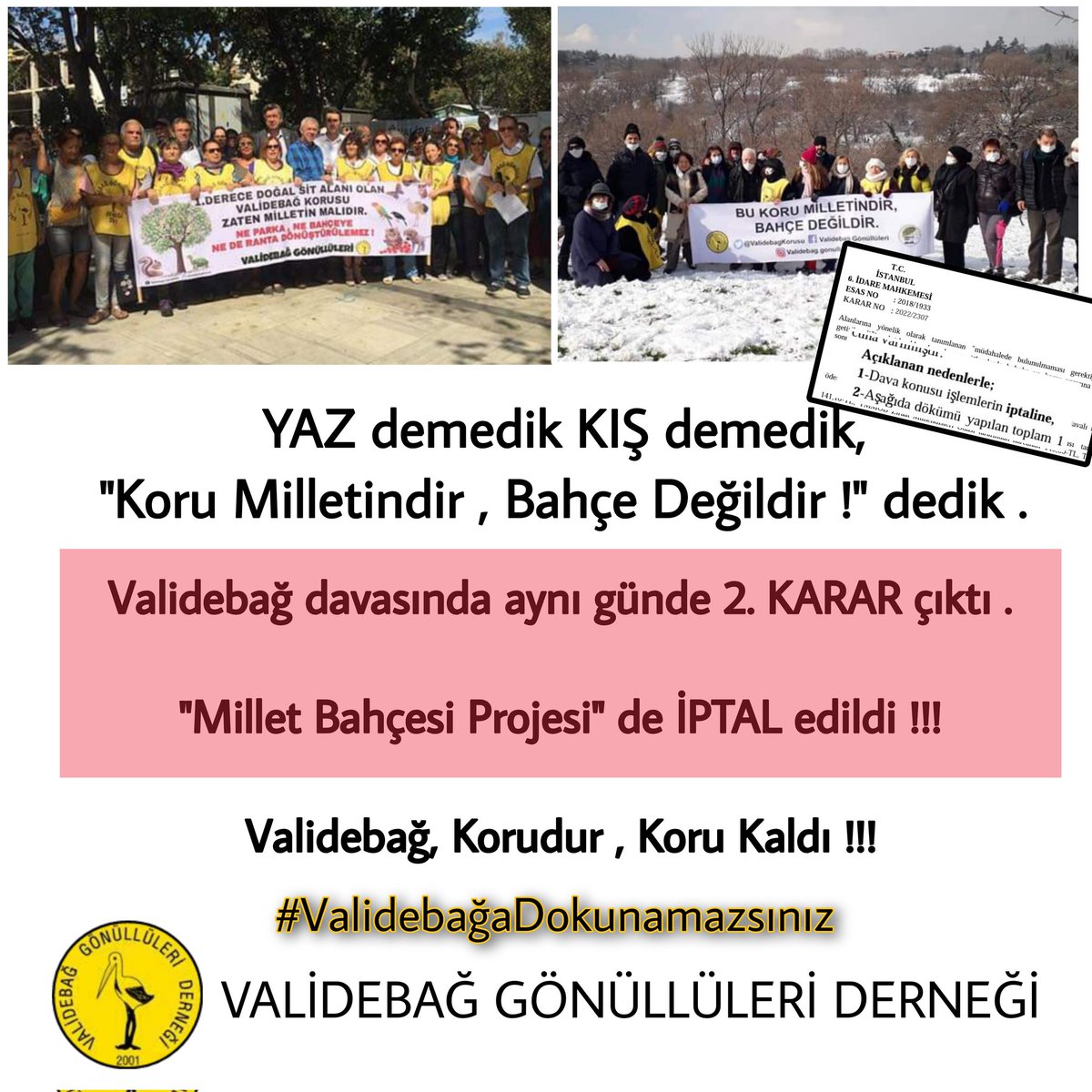📢📢Duyduk duymadık demeyin...
Validebağ davasında aynı günde 2. KARAR. 
Millet Bahçesi Projesi de İPTAL edildi !!!
Validebağ, Korudur; Koru Kaldı 👏🌲🦜🐢🦎🐿️🐈🙋🏻‍♀️
#ValidebağaDokunamazsınız