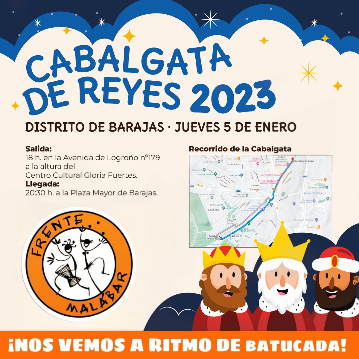 FrenteMalabar's tweet photo. Niñas y Niños, Papis y Mamis!!! Este año estaremos animando a ritmo de #batucada la #Cabalgata de Reyes Magos de Barajas.🤴🏼🤴🏽🤴🏿

Nos vemos a las 18h en Avenida de Logroño n°179 para abrir la comitiva real como se merece! 🥁🪘🧡🎶 https://t.co/DSdI0ygYNs