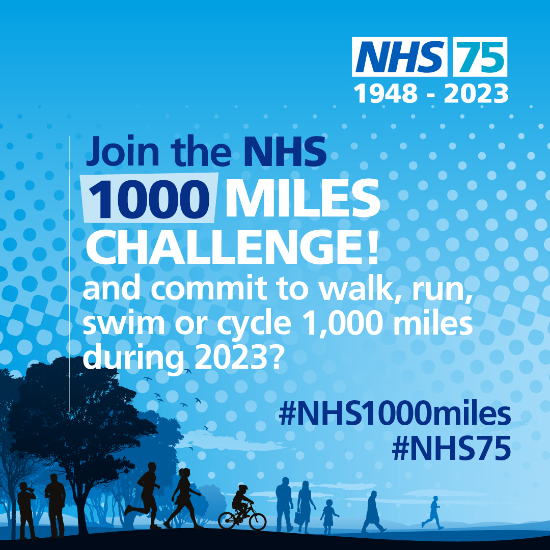 Looking for an exciting challenge? Want to mark the NHS’s 75th birthday in style? Why not join the NHS 1000-mile challenge and commit to walk, run, swim or cycle 1,000 miles during 2023? Visit orlo.uk/xtES5 for more information! 

#NHS1000miles #NHS75