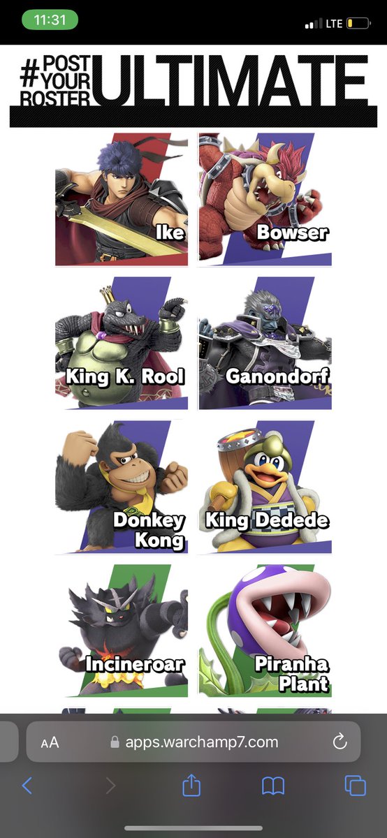 D3land3r's tweet image. Red = Best Character. Purple = Mains. Green = Secondaries. Blue = Pockets #SmashUltimate #postyourrosterultimate #heavymain #mains #secondaries #pockets
