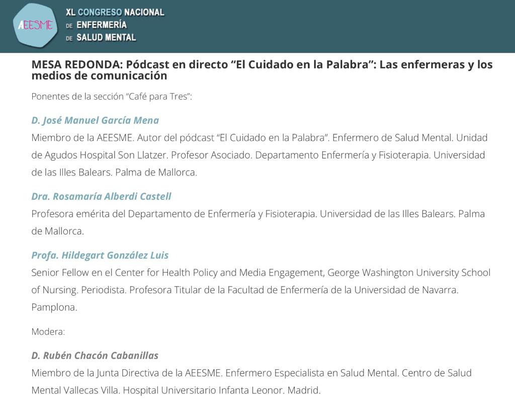 🔃 inf XL Congreso Nacional de Enfermería de #SaludMental congresoaeesme.com 

Honor ser parte de la mesa: El cuidado en la palabra Enfermeras y📻📺🗞️

😀x aprender y aportar 

La #SaludMental no debe preocuparnos sino ocuparnos En #40CongresoAEESME recargaremos 🔋 para ello