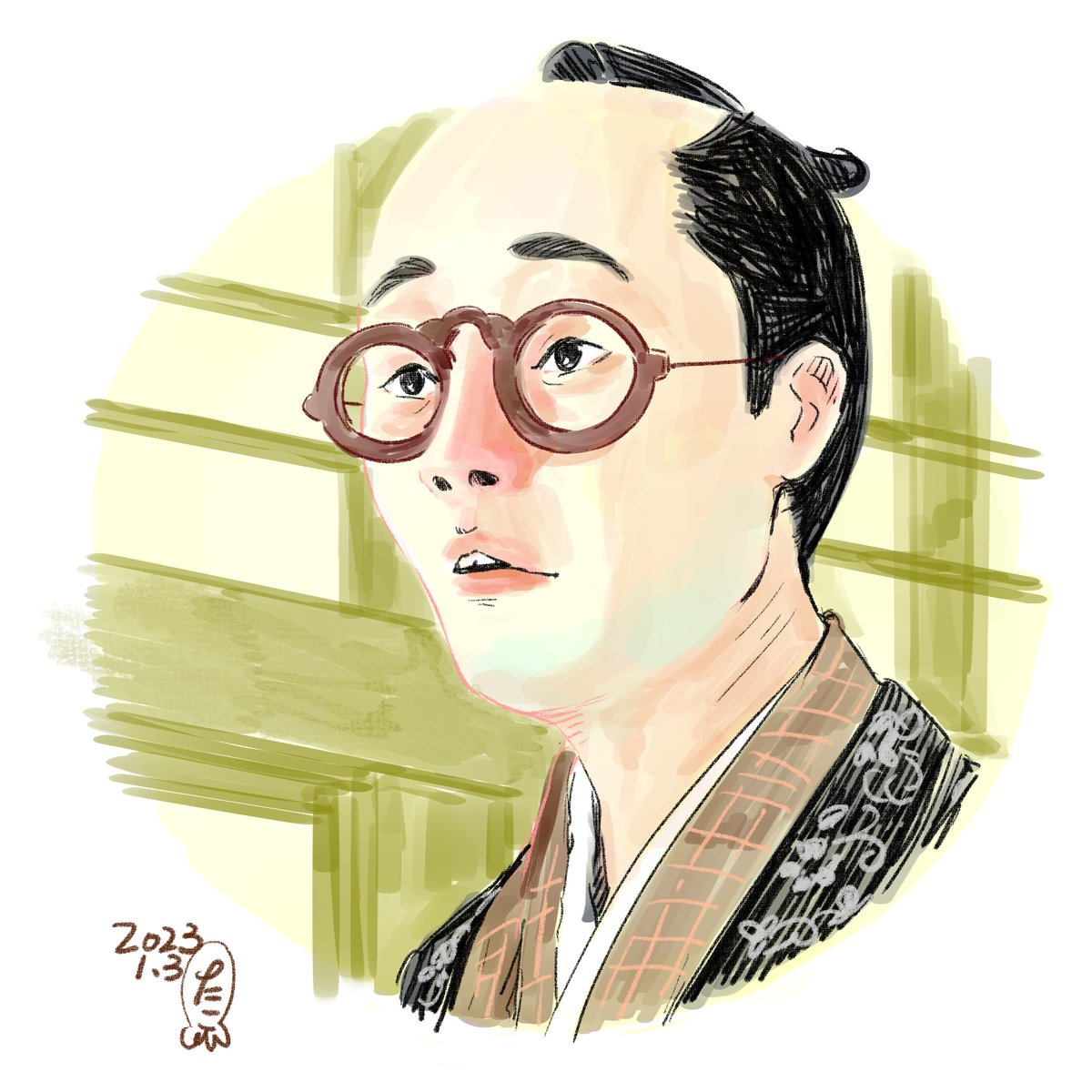 solo glasses black hair dated male focus 1boy japanese clothes  illustration images
