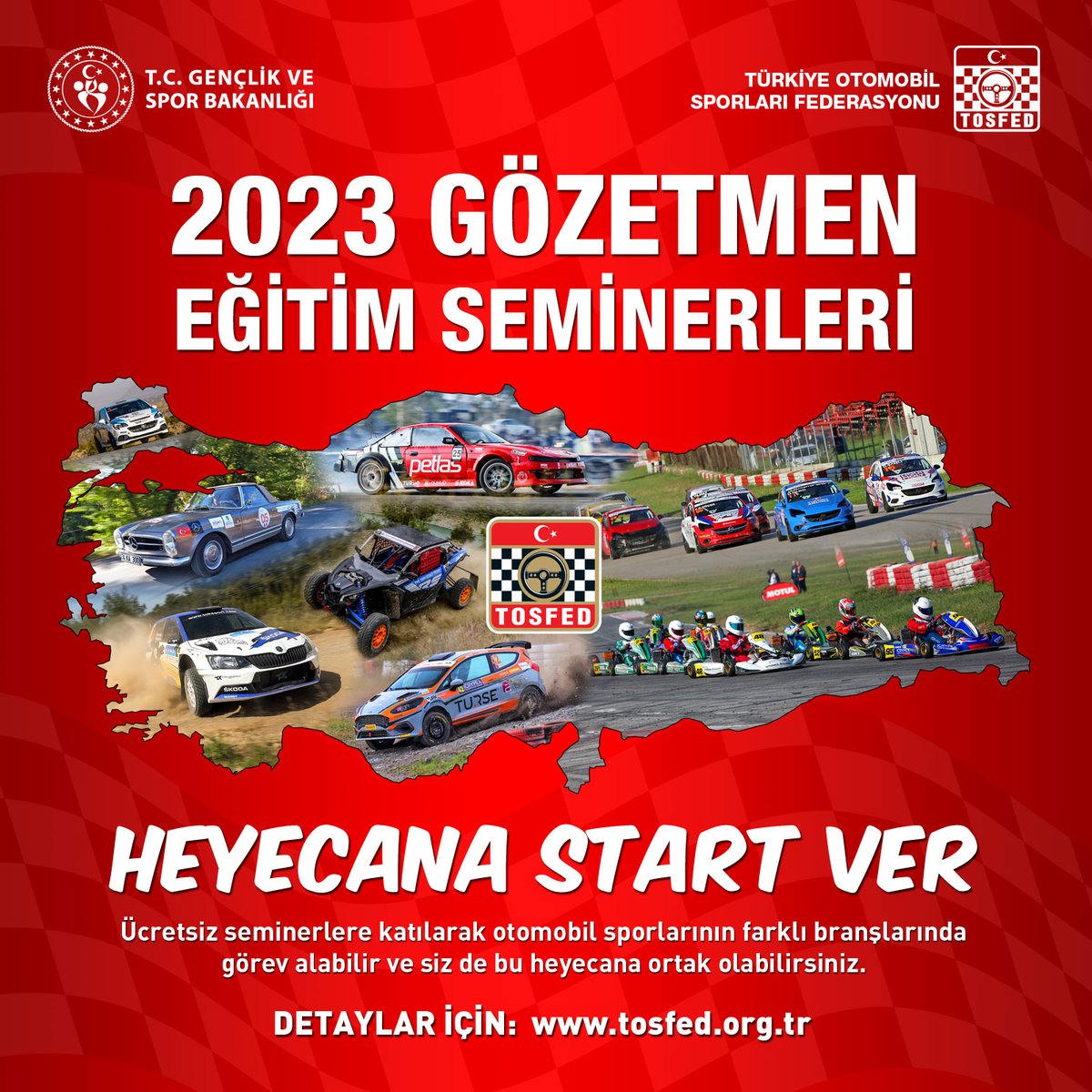 Türkiye Otomobil Sporları Federasyonu tarafından her yıl düzenlenen Gözetmen Eğitim Seminerleri Ocak ayından itibaren Antalya, İzmir, Çanakkale, İstanbul, Kocaeli, Samsun, Bursa, Eskişehir, Ankara ve Muğla illerinde düzenlenecek.

tosfed.org.tr/2023-gozetmen-…