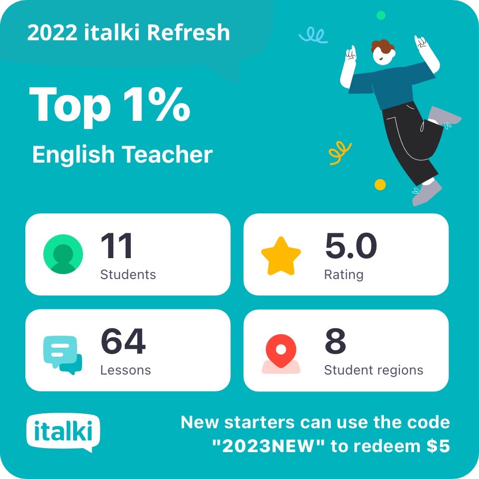 AtDowntimeSt's tweet photo. @italki #italkiRefresh I teach English on italki. Use “2023NEW” to redeem $5 for your first purchase:  https://t.co/rXMkRsIRhv https://t.co/oPwUwZCozv