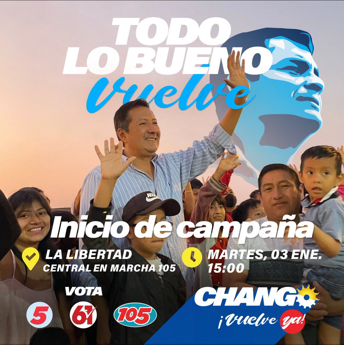 MarcoChangoJ's tweet photo. Vuelve la oportunidad de recuperar al cantón La Libertad y junto nuestro líder @MashiRafael iniciamos este reto con mucho optimismo💪

Marco Chango con la Revolución Ciudadana, vota todo 5 🖐
#RevoluciónEnMarcha #LaLibertad #TuSabesQueEstábamosMejor #VuelveCorreaVuelveChango https://t.co/jqDYcITGO5