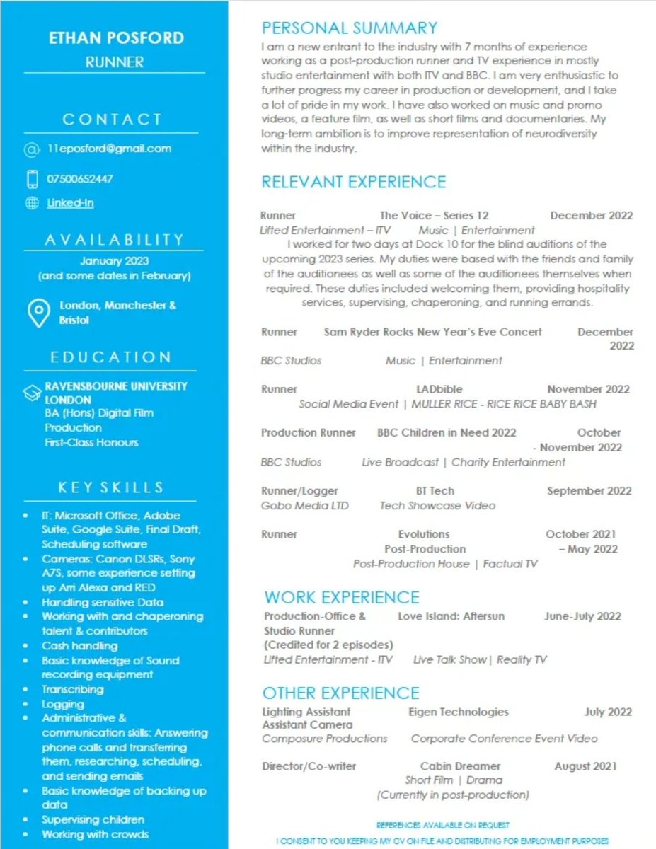 New Year, New CV!

I'm a freelance Production Runner with bases in London, Manchester &amp; Bristol. Also willing to work in commutable distance from any of these cities. 

Looking for some work in January. Would be very grateful if you could please share this around or pass it on 🥰