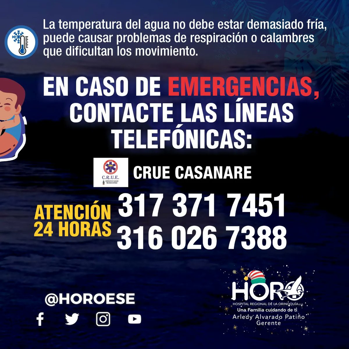 #CampañaHoro🔊 El ahogamiento es la segunda causa de muerte por traumatismo no intencional en niños y adolescentes, por esta época del año.
El #Horo te da estos tips para estar alerta ante cualquier evento de urgencias 🚨