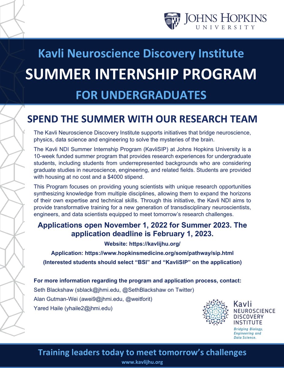 Alan Gutman-Wei (@weitforit) on Twitter photo Neuro twitter, please share! Both <a href="/HopkinsNeuro/">Hopkins Neuroscience</a> and <a href="/HopkinsKavli/">Kavli NDI Hopkins</a> have summer research opportunities for undergrads, with applications due Feb 1. Students will be paired with a lab at Hopkins based on their interests, and it's fully funded! Apply here: hopkinsmedicine.org/som/pathway/si… Neuro twitter, please share! Both <a href="/HopkinsNeuro/">Hopkins Neuroscience</a> and <a href="/HopkinsKavli/">Kavli NDI Hopkins</a> have summer research opportunities for undergrads, with applications due Feb 1. Students will be paired with a lab at Hopkins based on their interests, and it's fully funded! Apply here: hopkinsmedicine.org/som/pathway/si…