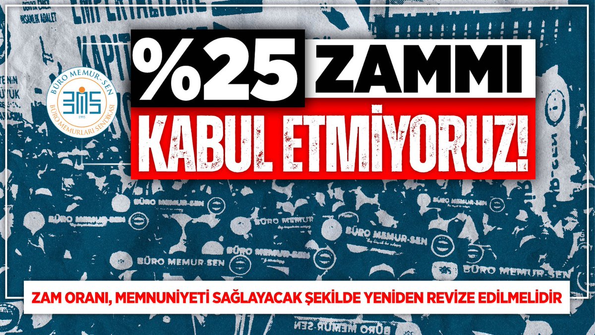 %25 ZAMMI KABUL ETMİYORUZ!

Mevcut piyasa koşullarında memurun sırtına binen yük yüzde 25'ten fazladır.

%25’lik zam kamu görevlileri için yeterli değildir ve beklentileri karşılamaktan uzaktır. 

Zam oranı, memnuniyeti sağlayacak şekilde yeniden revize edilmelidir.