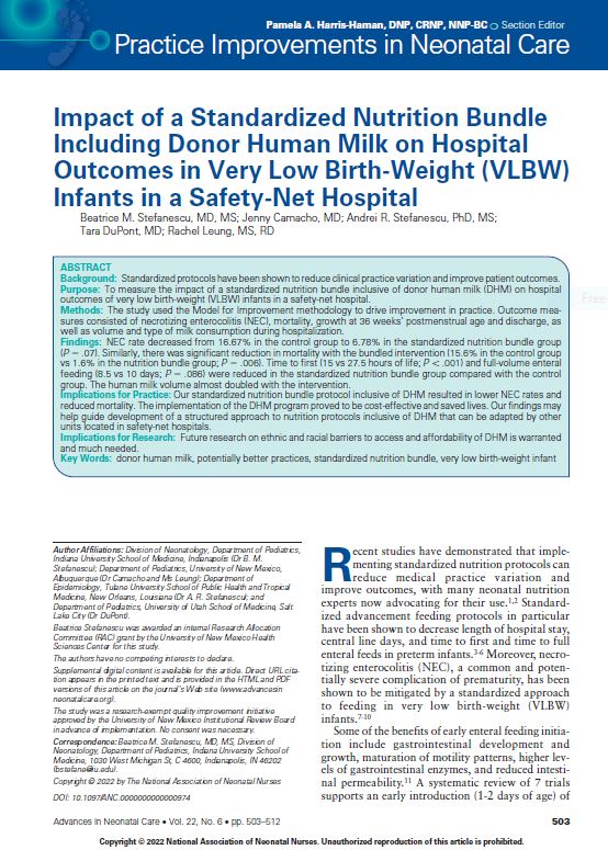 Congratulations to Dr. Beatrice Stefanescu, Medical Director of the NICU @RileyChildrens, who was the lead author on a paper published by the @NeonatalNurses, entitled, 'Impact of a Standardized Nutrition Bundle Including Donor Human Milk on Hospital Outcomes in VLBW Infants...'.