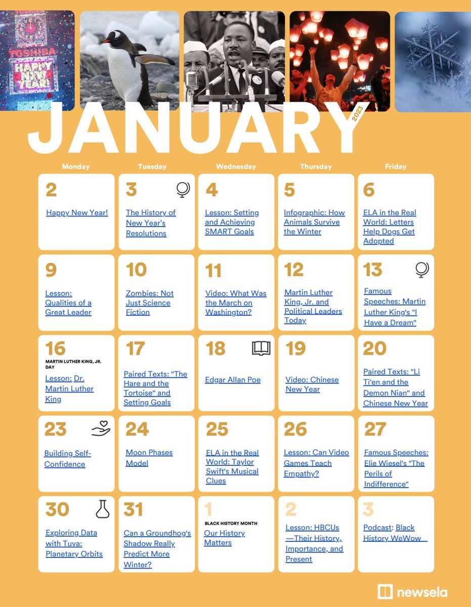 We’ve put together resources that can be used throughout the month of January. For each weekday, you'll find content that can be used immediately. 

Click below to download our January content calendar. 
➡️ newse.la/3GAmt21