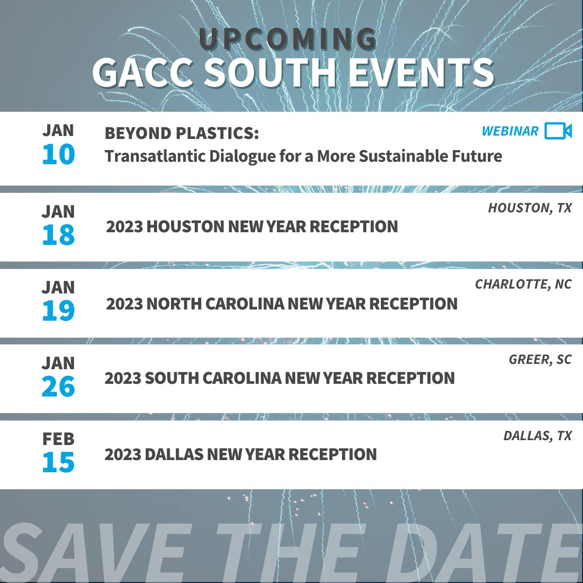 GACC South wishes you a #HappyNewYear #2023 ! 
We are kicking of the new year with our New Year's Receptions and don't miss out to join us for our "Transatlantic Dialogue" #webinar for a more sustainable 2023 and beyond.
👉 bit.ly/3C0xjtS