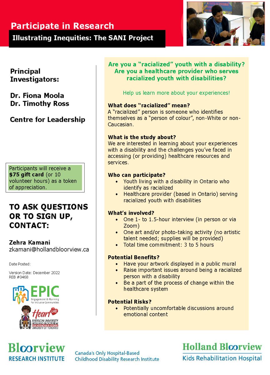 Do you have a disability? Do you identify yourself as “racialized”? Do you live in Ontario? You may be eligible to participate in our study about challenges in navigating the healthcare system! Check out the details here: hollandbloorview.ca/research-under…