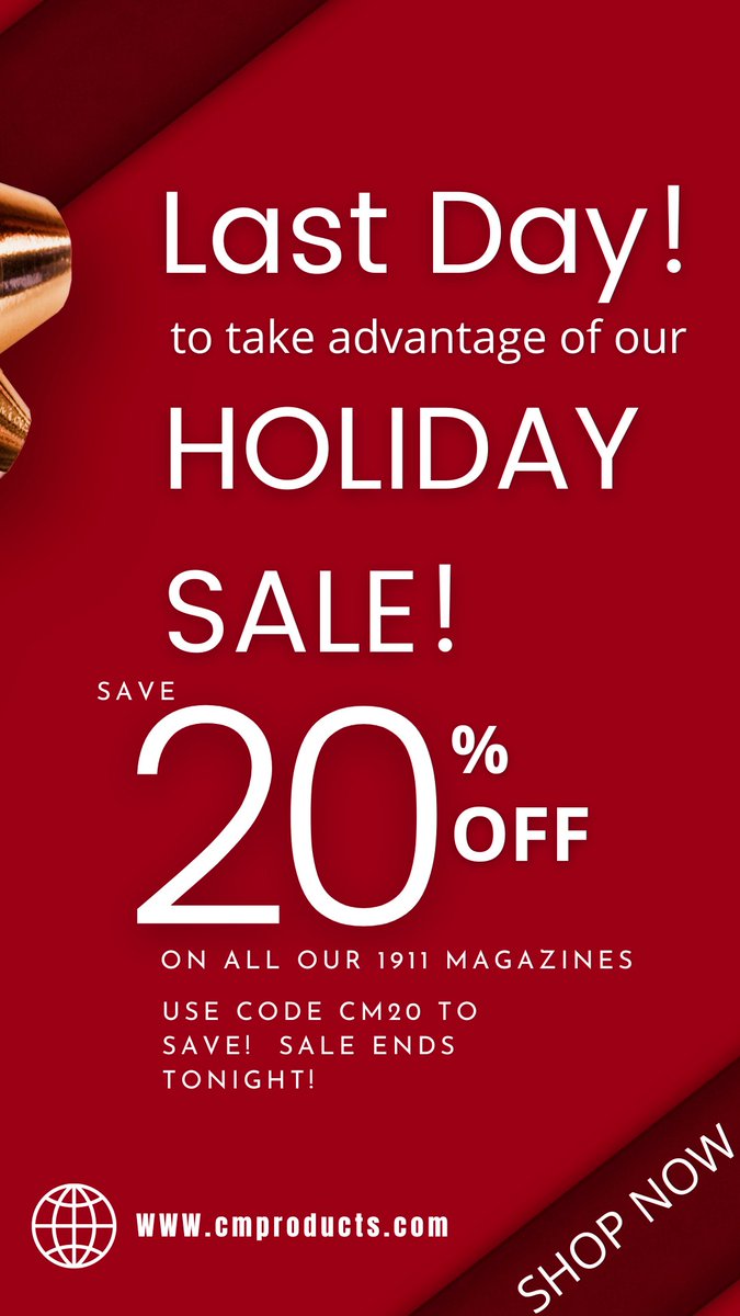CMCustom's tweet photo. The Holiday Sale ends TONIGHT!  Don't miss out on saving 20% off our 1911 magazines!  Use code CM20 to save! https://t.co/Lsd8DGMheP https://t.co/7eqgfoqJNS