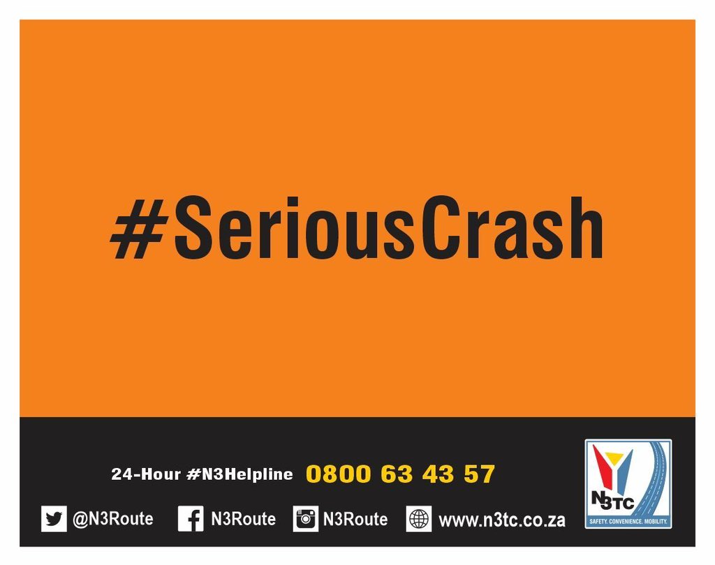 🟥UPDATE🟥 #N3CrashUpdate: N3-9 49.6 S #DurbanBound bet #WilgePlaza & Frankfort/Vrede I/C 133. 3 Cars involved. Entire road closed and traffic is stacked. Please approach the area with caution.