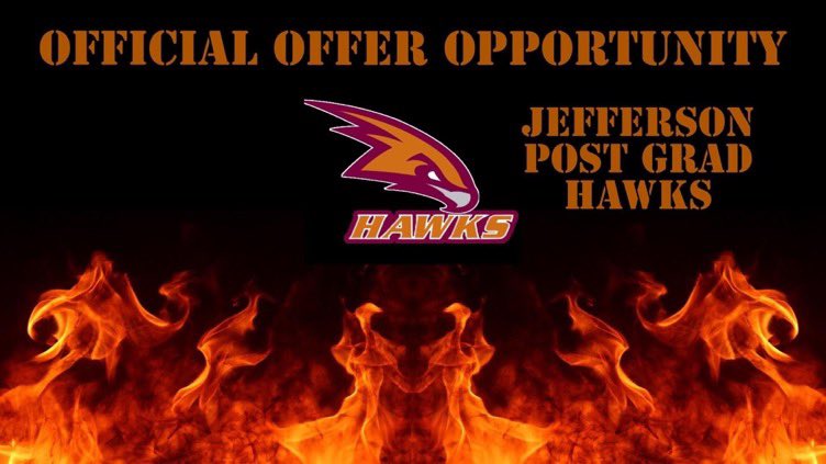 Blessed to receive an offer from <a href="/JPGHawks/">Jefferson Post-Graduate Hawks</a>  🧡 <a href="/dhsfoot_ball/">Decatur High Football- Decatur, AL</a> <a href="/AdcockJere/">Jere Adcock</a> <a href="/Caleb_Finn/">Caleb Finn</a> <a href="/CoachWham8715/">Coach WHam 🐬</a>
