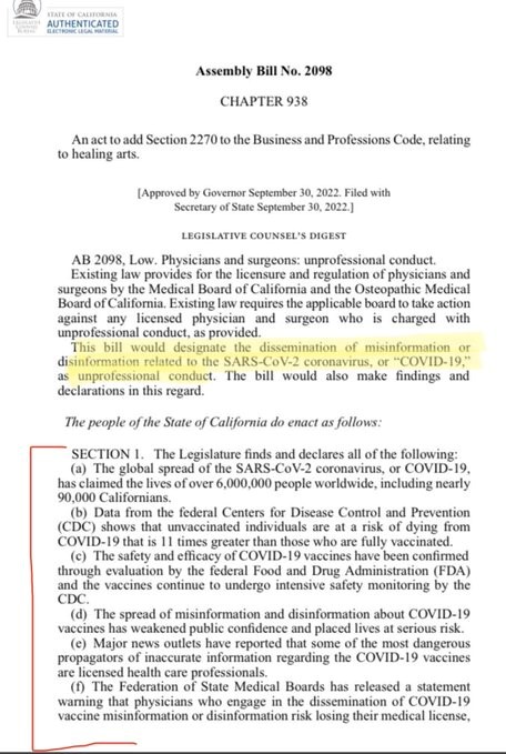 mercola's tweet image. California’s new censorship bill will allow the medical board to remove licenses from any physicians who make negative statements about the COVID vaccine.