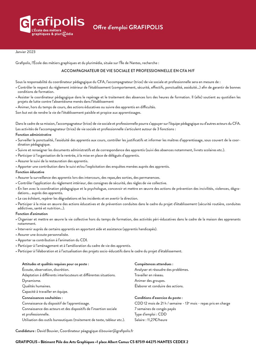 grafipolis44's tweet image. 1res offres d'emploi de l'année (H/F)
•Assistant de vie soc. &amp;amp; prof. à Grafipolis - CDD évolutif - Nantes 44
•Conducteur #offset H/F -#CDI- Couëron 44
•Chargé de création #graphique H/F -emploi fonctionnaire- La Roche S/Yon 85
•Sérigraphe H/F -CDI- Lamballe 22
À vos #CV😊