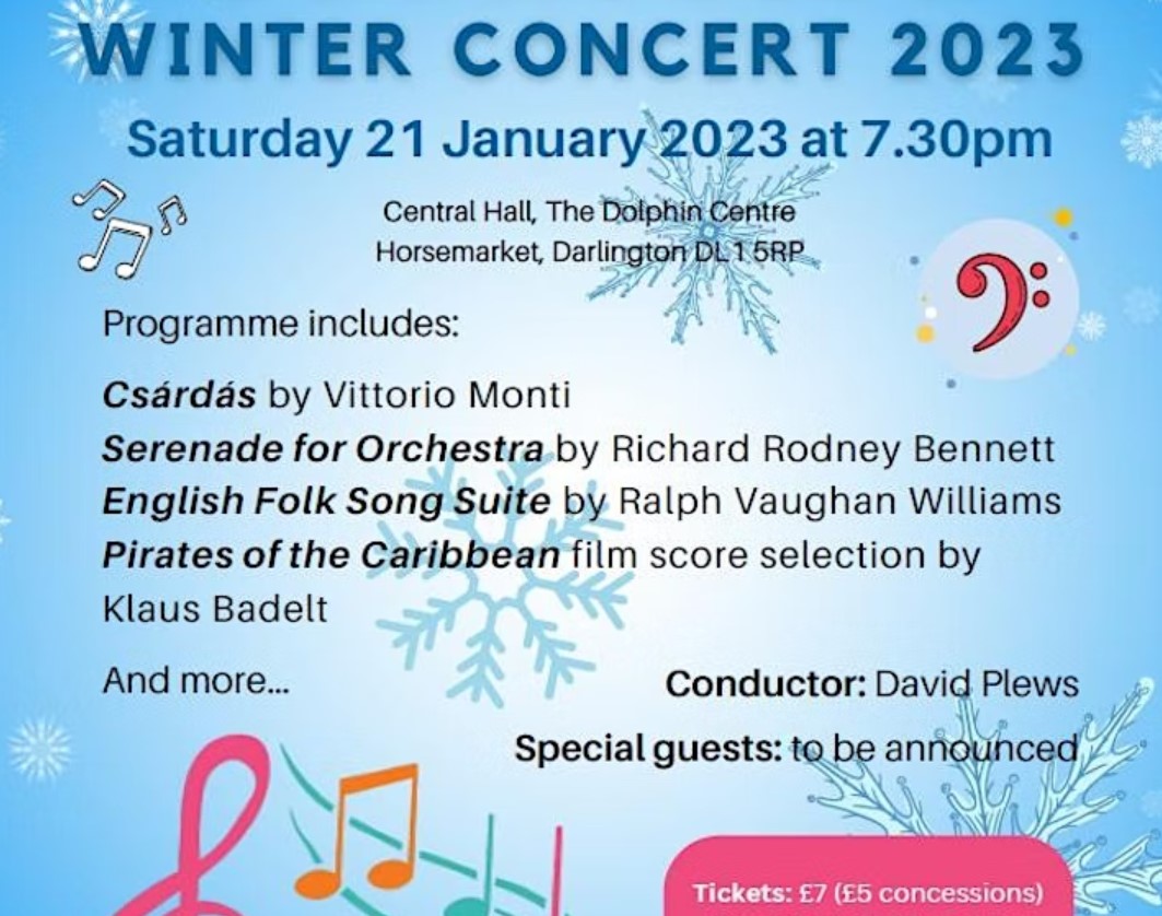 darloforculture's tweet photo. ⭐ Winter Concert 2023 @DarloOrchestra
🗓️ Saturday 21 January 7.30pm
📍 Dolphin Centre, Central Hall
🔗 Info & Booking: https://t.co/4JzjgASVVh
#darlingtonorchestra #darlingtonforculture #winterconcert2023 https://t.co/fjqrujjqPP