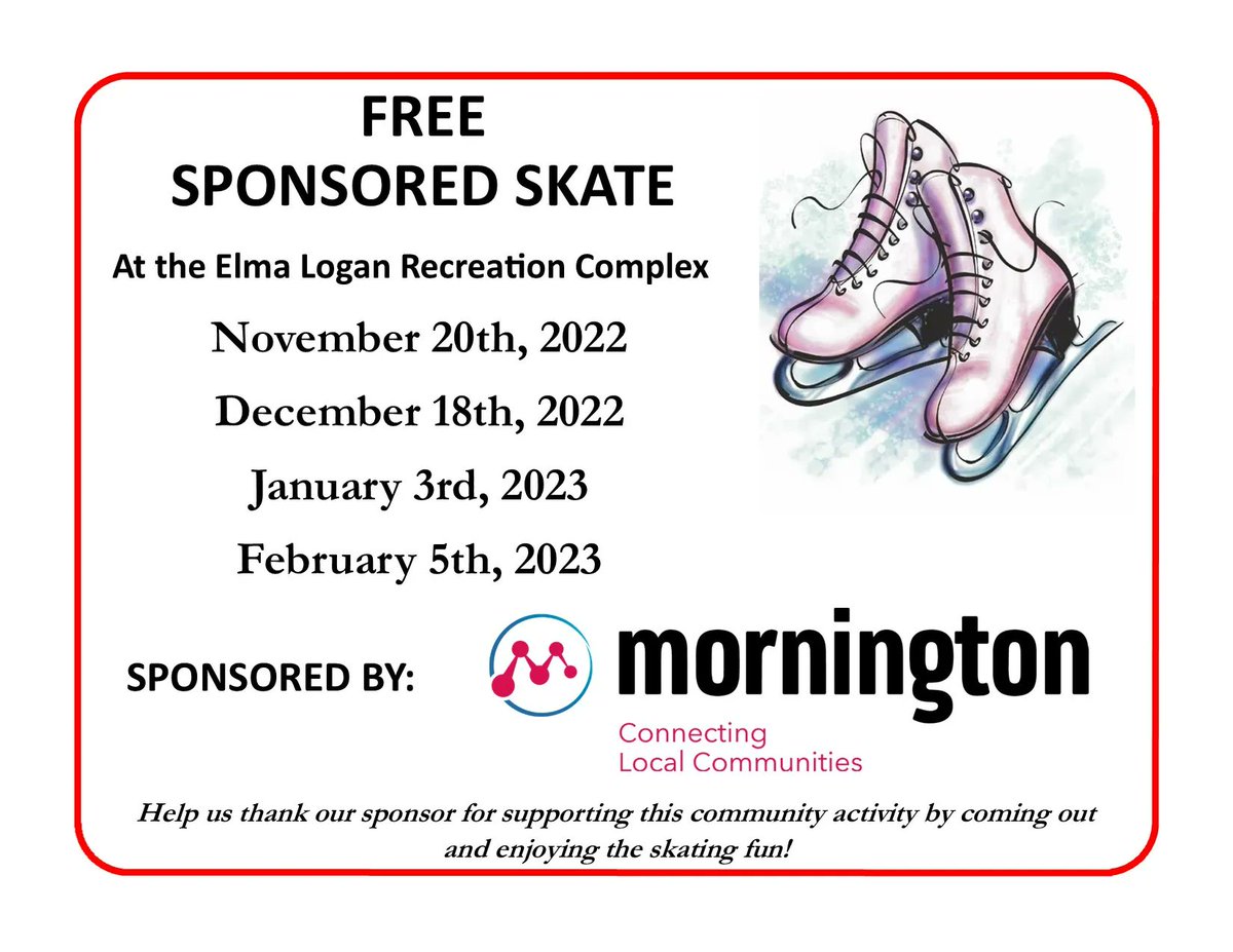 NorthPerth1's tweet photo. ⛸FREE sponsored skate TODAY at ALL 3 arenas!
Steve Kerr Memorial Complex 12:30-3:00pm. Sponsored by @WilliamsDrain84 
Elma Logan Recreation Complex 1:30-2:30pm. Sponsored by @Mornington1919 
Wallace Community Centre 1:00-2:00pm. Sponsored by @ListowelLegion https://t.co/WgbJ1LleTx