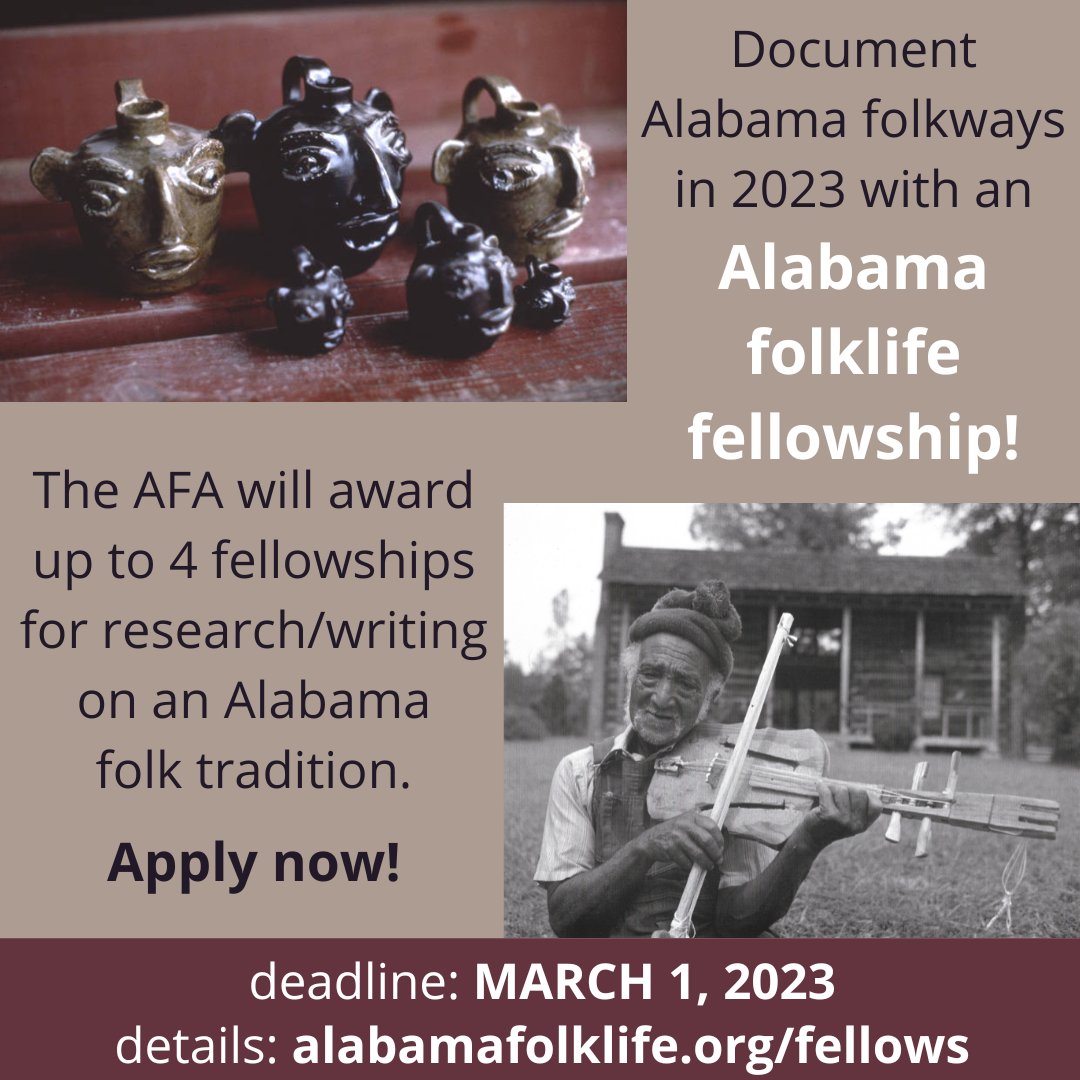 We are thrilled to announce 2023 funding for Cauthen Fellowships to support original research on #Alabama #folklife. Apply now to document an Alabama #folk #tradition in 2023!

Deadline: MARCH 1
Details: alabamafolklife.org/fellows