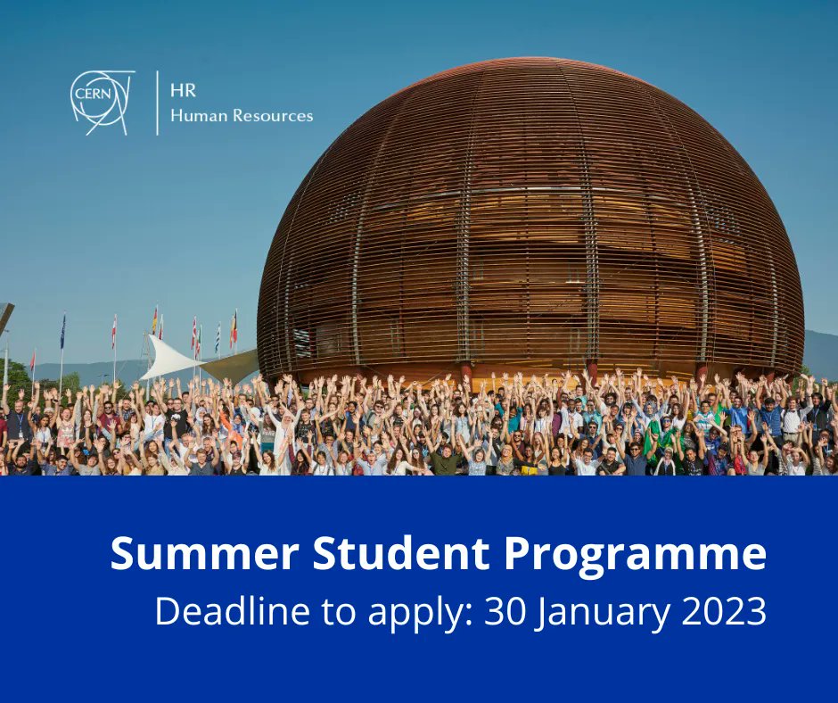 Do you have any plans for next summer?
Imagine spending it at #CERN!
CERN’s Summer Student Programme is open for both Member and Non-Member State Nationals.
Learn more and apply: cern.ch/go/f6sL
Application deadline: 30.01.2023
#TakePart #CERNCareers