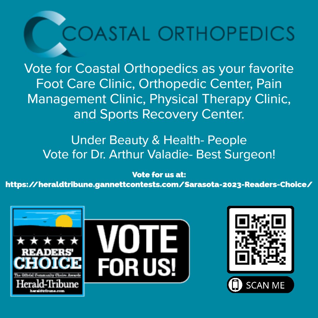 We need your vote!  Please vote for Coastal Orthopedics in the below categories in the Herald Tribune's 2023 Readers' Choice awards!  

Also don't forget to vote for Dr. Arthur Valadie for Best Surgeon under the Beauty &amp; Health- People category!  Scan the QR code to vote.