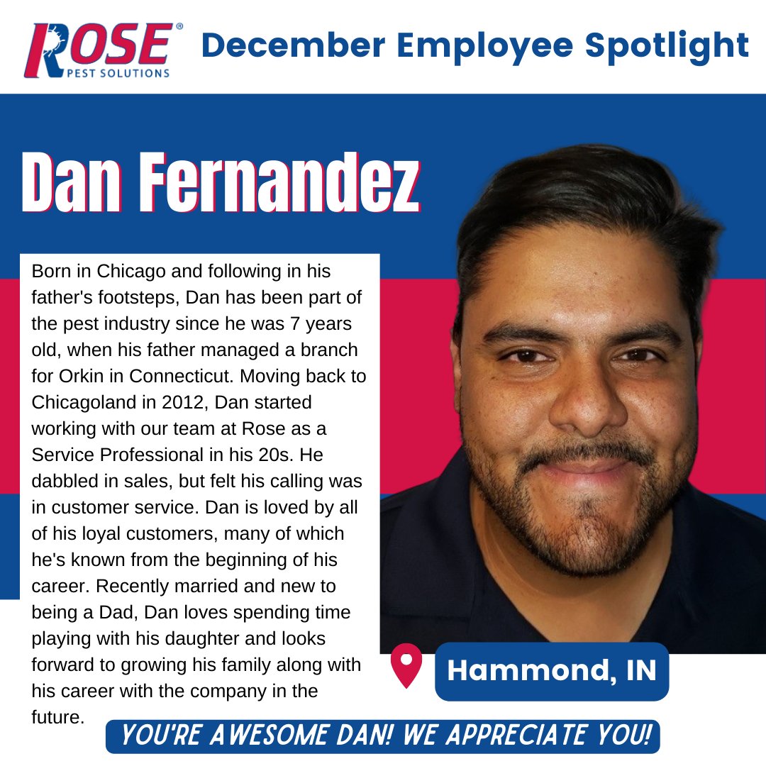 Dan was in our spotlight for the month of December 🌟 He grew up learning the pest industry through his father and has played a couple of different roles at Rose.