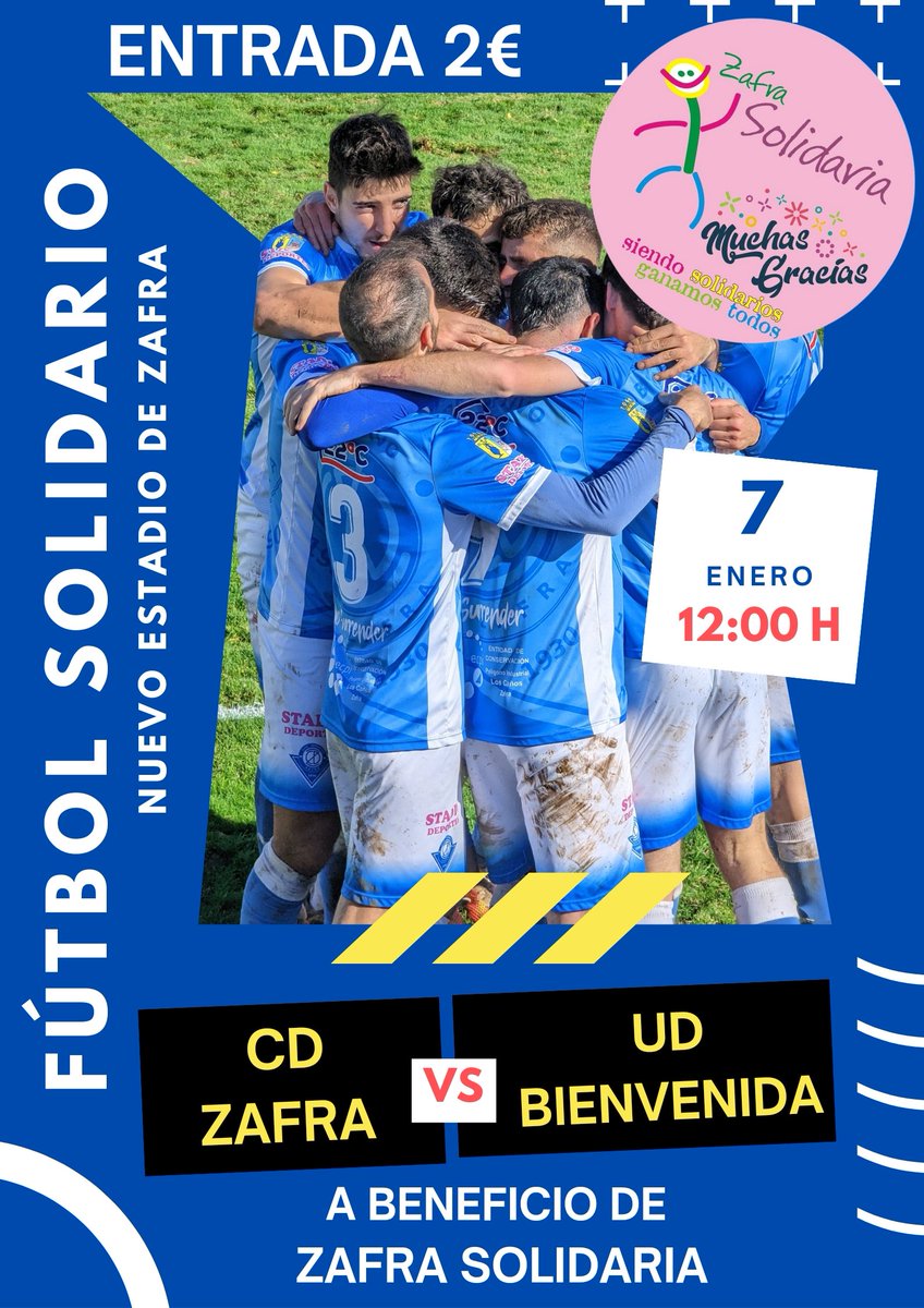 FÚTBOL SOLIDARIO
⚽ CD ZAFRA 🆚 <a href="/UDBienvenidaofi/">U.D. Bienvenida</a>
🗓 Sábado 7 de Enero
🕒 12 horas
🏟 Nuevo Estadio
🎫 2€
👉 Toda la recaudación irá destinada a <a href="/zafrasolidaria/">Zafra Solidaria</a>