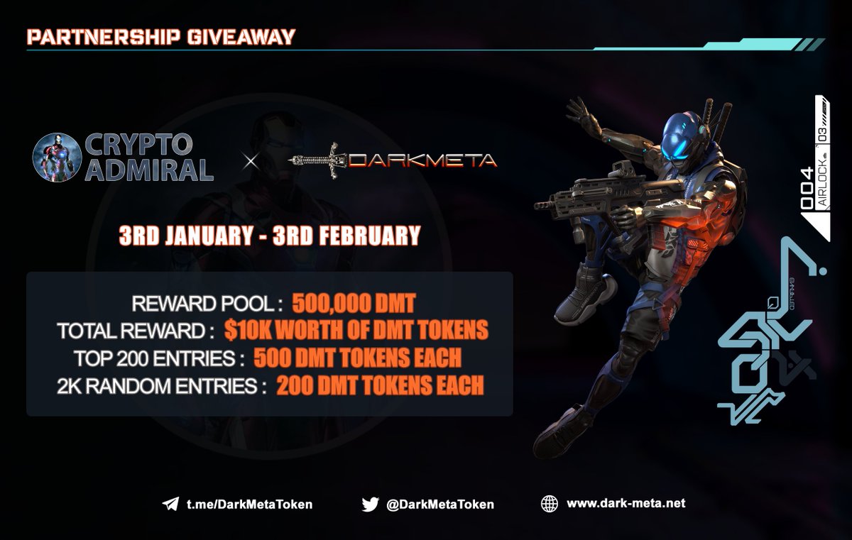 📣#DarkMeta #airdrop is live now!

🎉Total for airdrop: 500,000 DMT

👉Use our airdrop bot in Telegram:
t.me/DarkMeta_bot

🗓 Airdrop End: 3rd February 
🗓Airdrop Distribution: within 15 days after TGE <a href="/airdropinspect/">Airdrop Inspector</a>

#Airdrops #Giveaways #PlaytoEarn