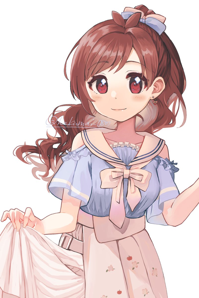 1girl solo skirt smile red eyes brown hair white background  illustration images