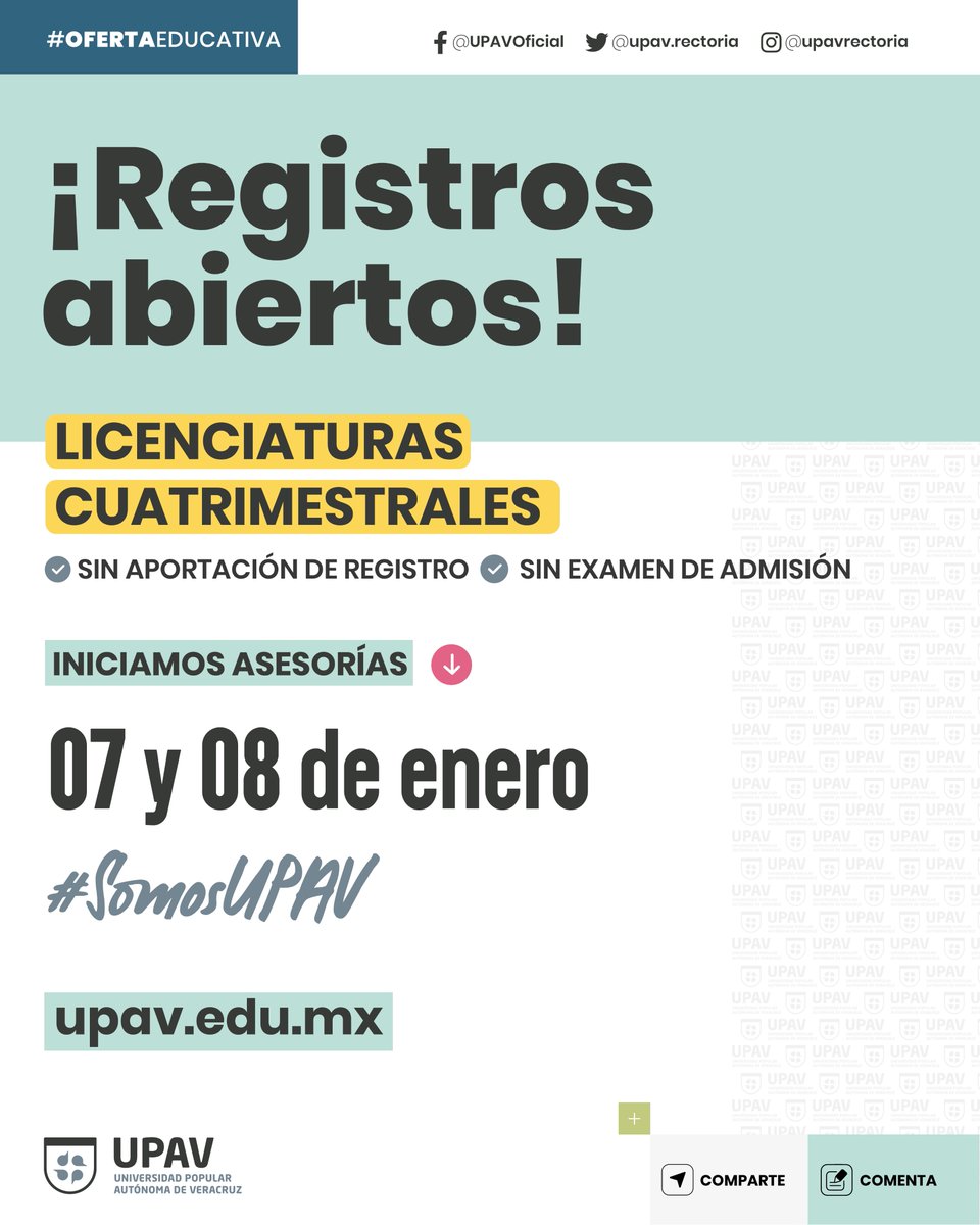 upav_edu's tweet photo. 📢Es momento de contactar a tu Coordinación Solidaria más cercana 👉 https://t.co/pVAHvsUd5H.
Iniciamos asesorías este 7 y 8 de enero 2023 👩🏽🎓👨🏻🎓
¡📝Regístrate!
+Info. 📩 admisiones@upav.edu.mx o al ☎️ 228 817 3410
#SomosUPAV #OrgulloUPAV #FamiliaUPAV https://t.co/qgPXR5O0Ic
