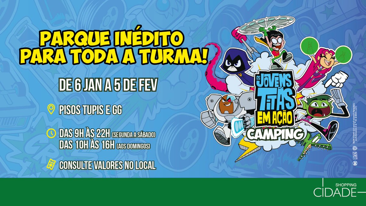 Shopping_Cidade's tweet photo. Vai começar! Atenção pais dos pequenininhos, a diversão da criançada você encontra no Shopping Cidade! Preparem-se para altas aventuras com os Jovens Titãs!

📅 06/01 a 05/02
🕒 Segunda a Sábado: 9 às 22h
🕒 Domingo: 10 às 16h
📌 Piso Tupis e Piso GG

VEM PRO CIDADE! https://t.co/9qXfKObjVY