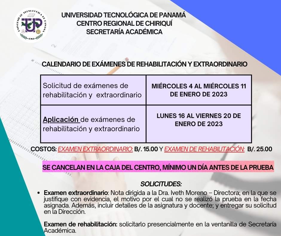 Calendario de Exámenes de Rehabilitación y Extraordinario - UTP Chiriquí