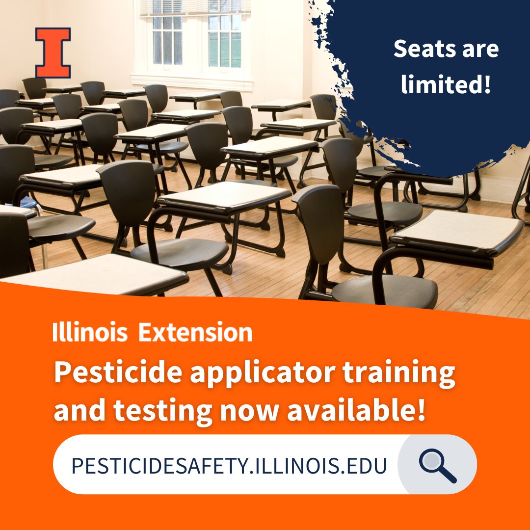 Need to get your pesticide applicator or operator license? Sign up for online or in-person training/testing at extension.illinois.edu/psep/training-… - Private applicator: 1/17 Rock Island, 1/24 Carterville, 2/2 Springfield - Commercial: 1/25-26 Mt Vernon, 1/31-2/1 Springfield, 2/14-15, Peoria