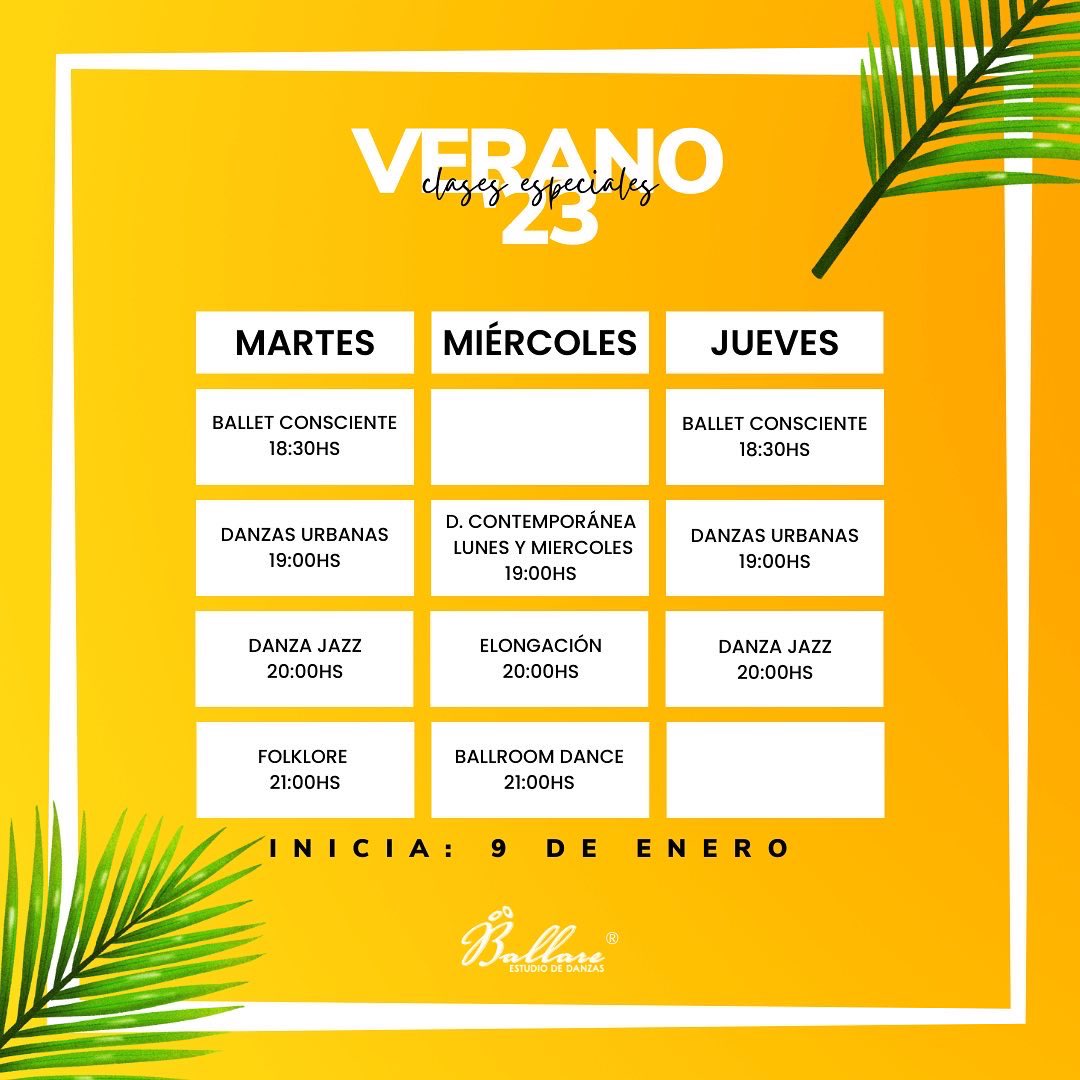 VERANO 2023 🌞💃🏻🕺🏻

🗓 Inicio de clases: 9 de enero 

📲 + Info e inscripciones: 370-4010118

#DanzaClasica #Ballet #DanzaJazz #DanzaContemporanea #Elongacion #FolkloreArgentino #DanzasUrbanas  #FormosaArgentina #BallareFormosa #DANZAesTRABAJO