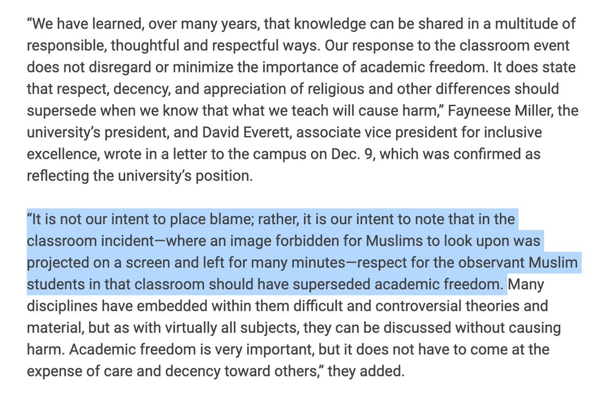 sarahemclaugh's tweet image. This is, frankly, an incredible thing for a university president to say. No religious group's sensitivities should "supersede academic freedom." In fact, a purpose of academic freedom is to ensure that a belief system *doesn't* overrule basic rights. insidehighered.com/news/2023/01/0…