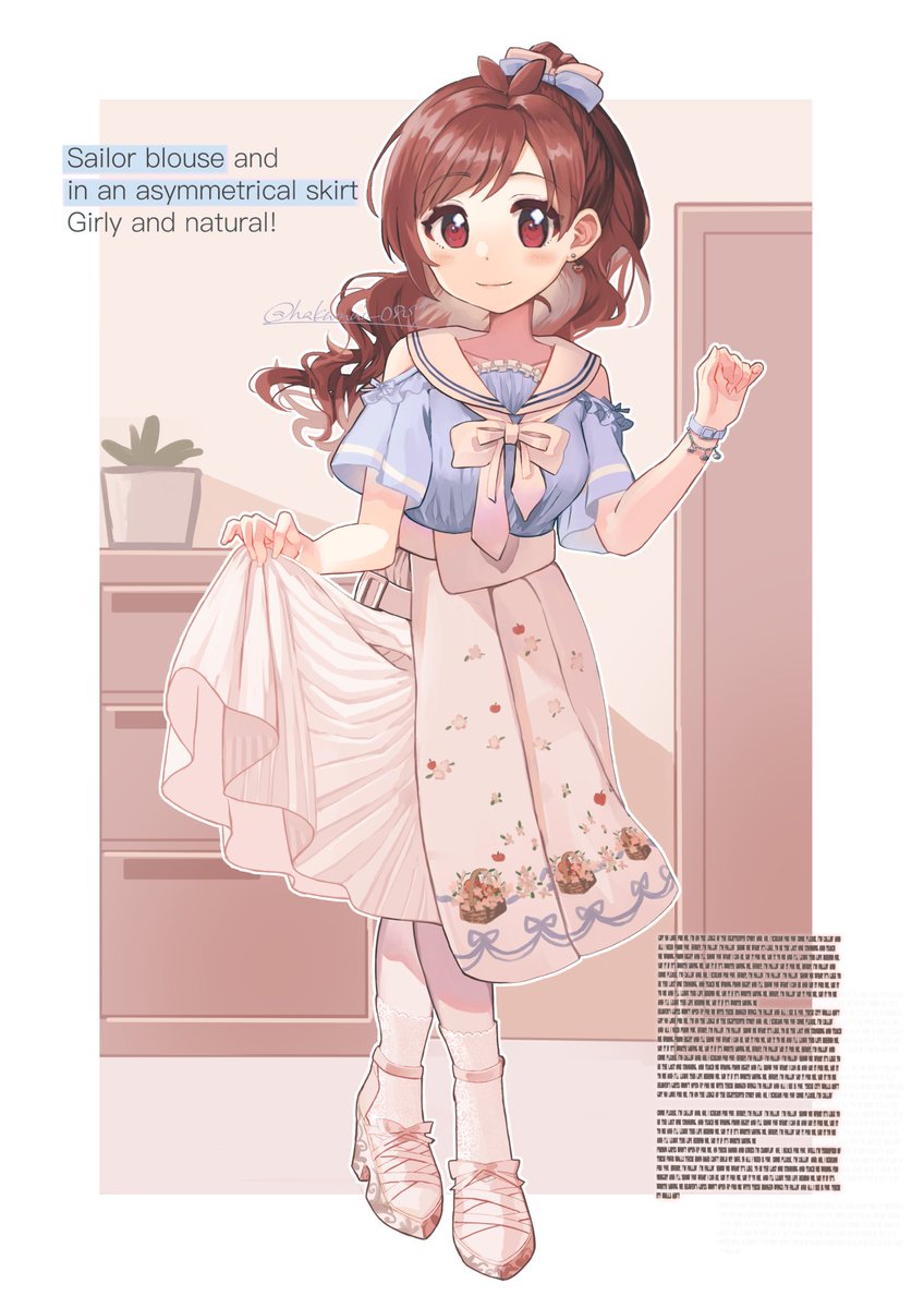 1girl solo skirt skirt hold smile brown hair looking at viewer  illustration images