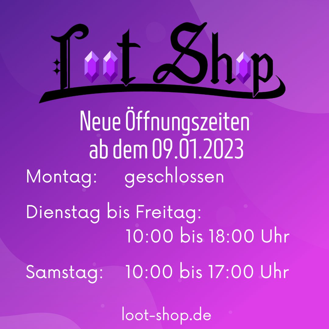 lootshopkoblenz's tweet photo. Ab dem kommenden Montag - 09.01.2023 - hat der Loot Shop geänderte Öffnungszeiten! 💜

Montag: geschlossen
Dienstag bis Mittwoch: 10:00 bis 18:00 Uhr
Samstag: 10:00 bis 17:00 Uhr

👾 #lootshop #loot #merchandise #koblenz https://t.co/EYDX2LJPtr